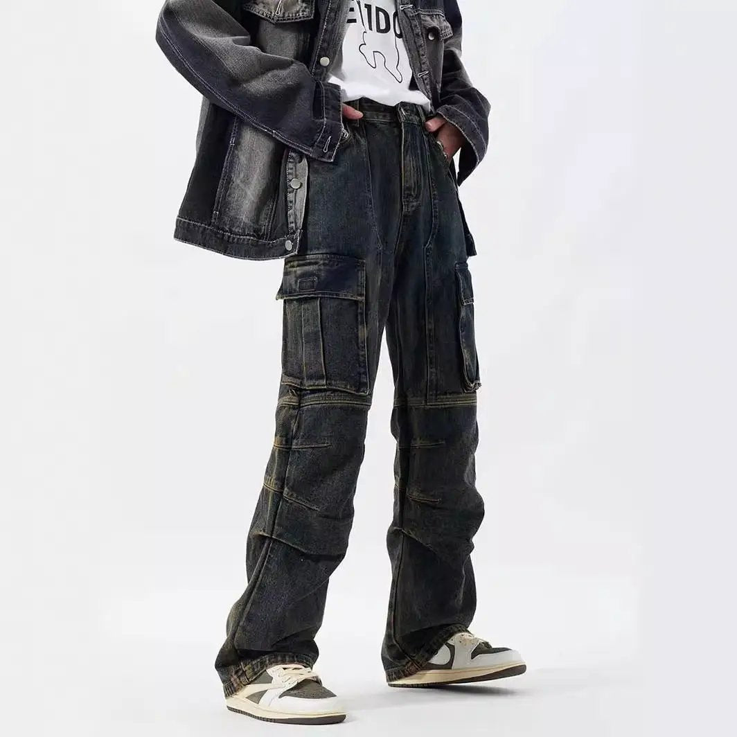 Washed distressed multi-pocket cargo jeans wide-leg trousers in dark wash by FLIPSTYLEZLLC on Tampa Home & Garden Store