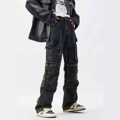 Washed distressed multi-pocket cargo jeans wide-leg trousers in dark wash by FLIPSTYLEZLLC on Tampa Home & Garden Store