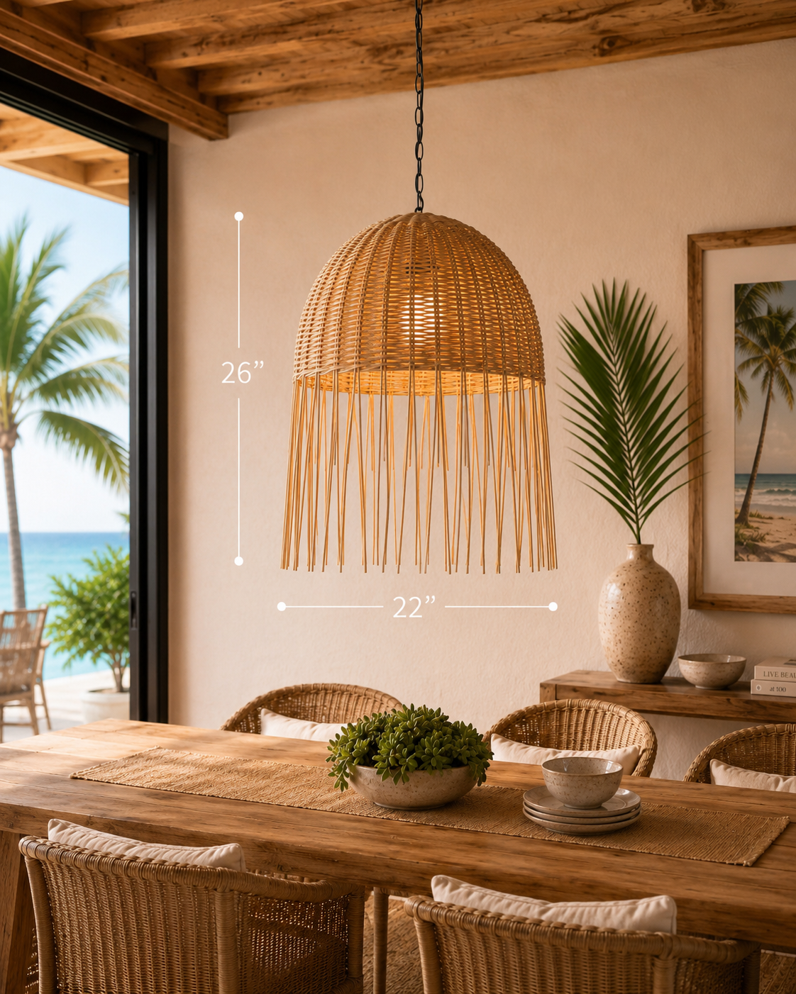 Tulum Fringe Chandelier by The Broward Design Center, natural rattan with fringe, 26in high on Tampa Home & Garden Store