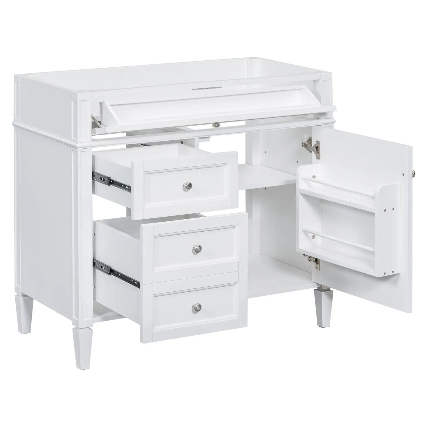 White vanity base with 2 drawers and tip-out drawer, chrome knob pulls Unique Piece Furniture on Tampa Home & Garden Store