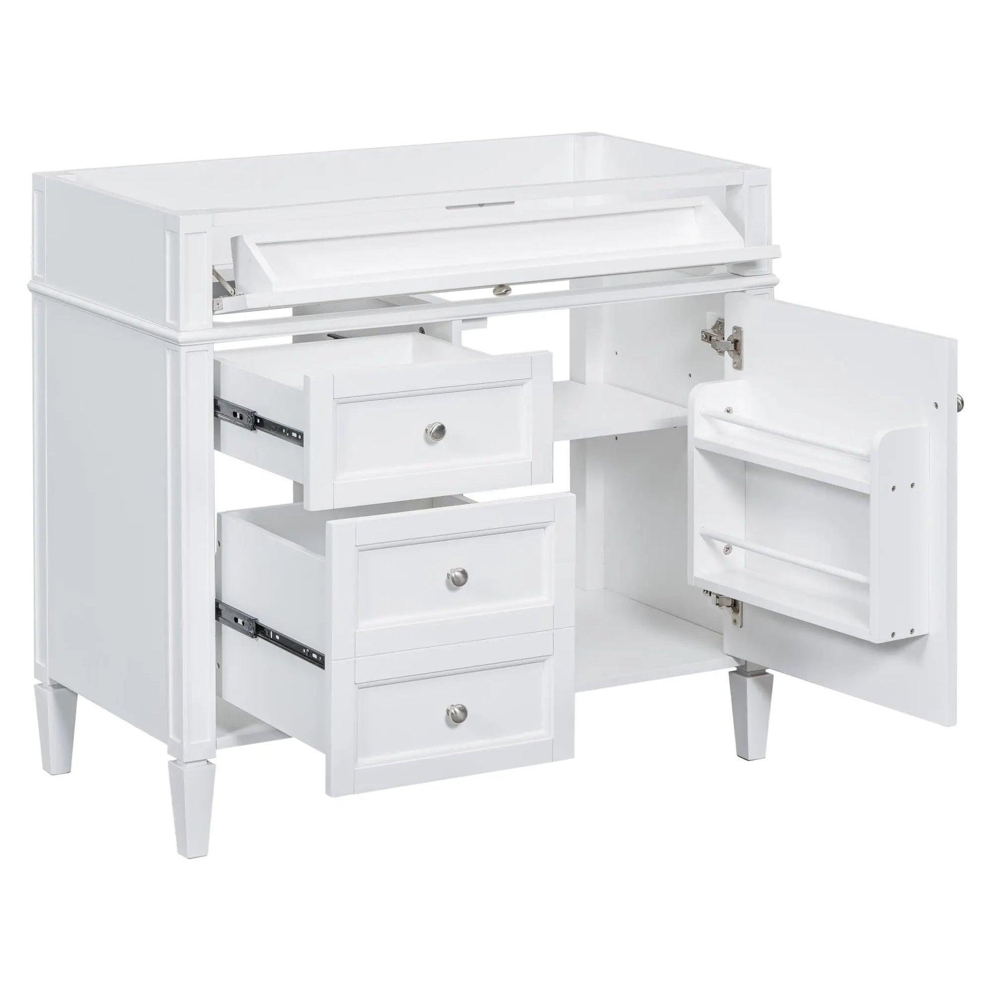 White vanity base with 2 drawers and tip-out drawer, chrome knob pulls Unique Piece Furniture on Tampa Home & Garden Store