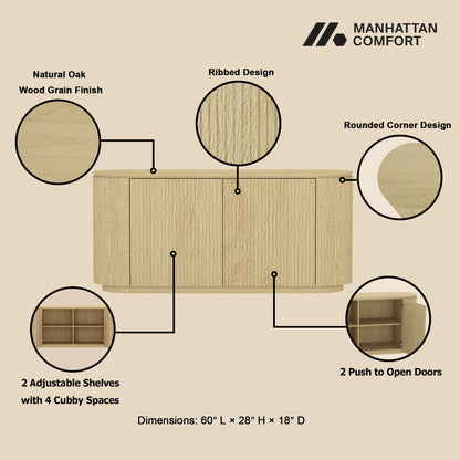 Oak sideboard with ribbed design, rounded corners, 60in wide; 2 adjustable shelves, push-to-open doors on Tampa Home & Garden Store