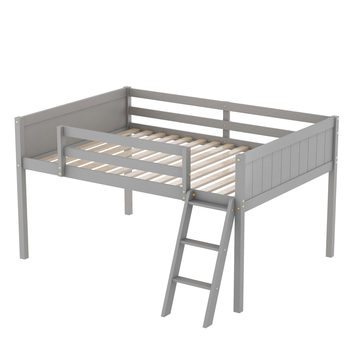 Low loft bed with adjustable ladder in gray finish and slatted wood base on Tampa Home & Garden Store