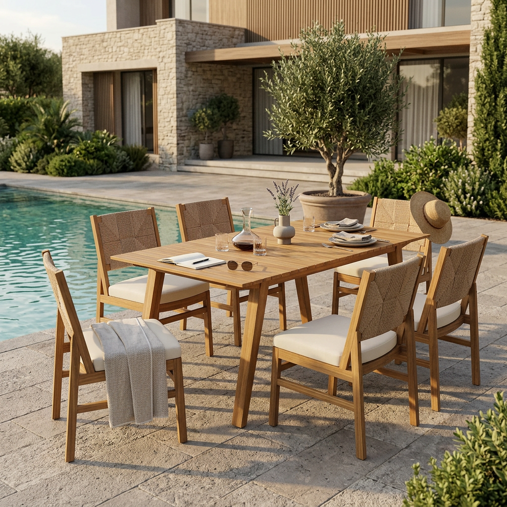 Outdoor 7-piece acacia wood dining set with Taiga 69 table in teak finish and cushioned chairs poolside on Tampa Home & Garden Store