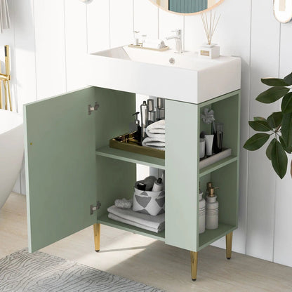 Bathroom vanity with white ceramic sink on a sage green cabinet with open shelf on Tampa Home & Garden Store