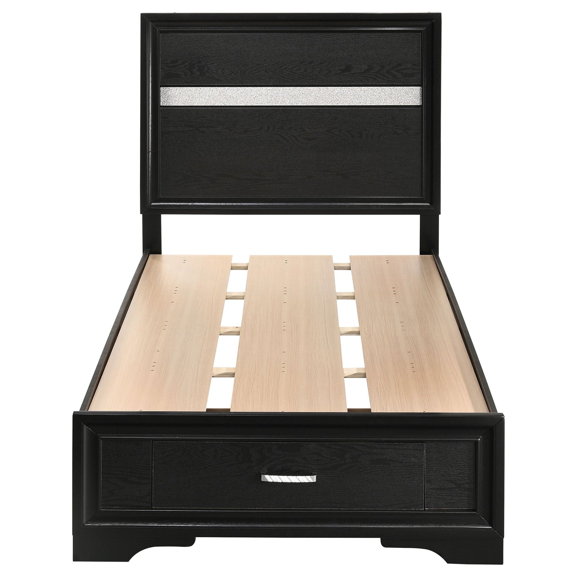 Urbana storage panel bed by HouseOfZazla in black finish with silver drawer pull slat bed on Tampa Home & Garden Store