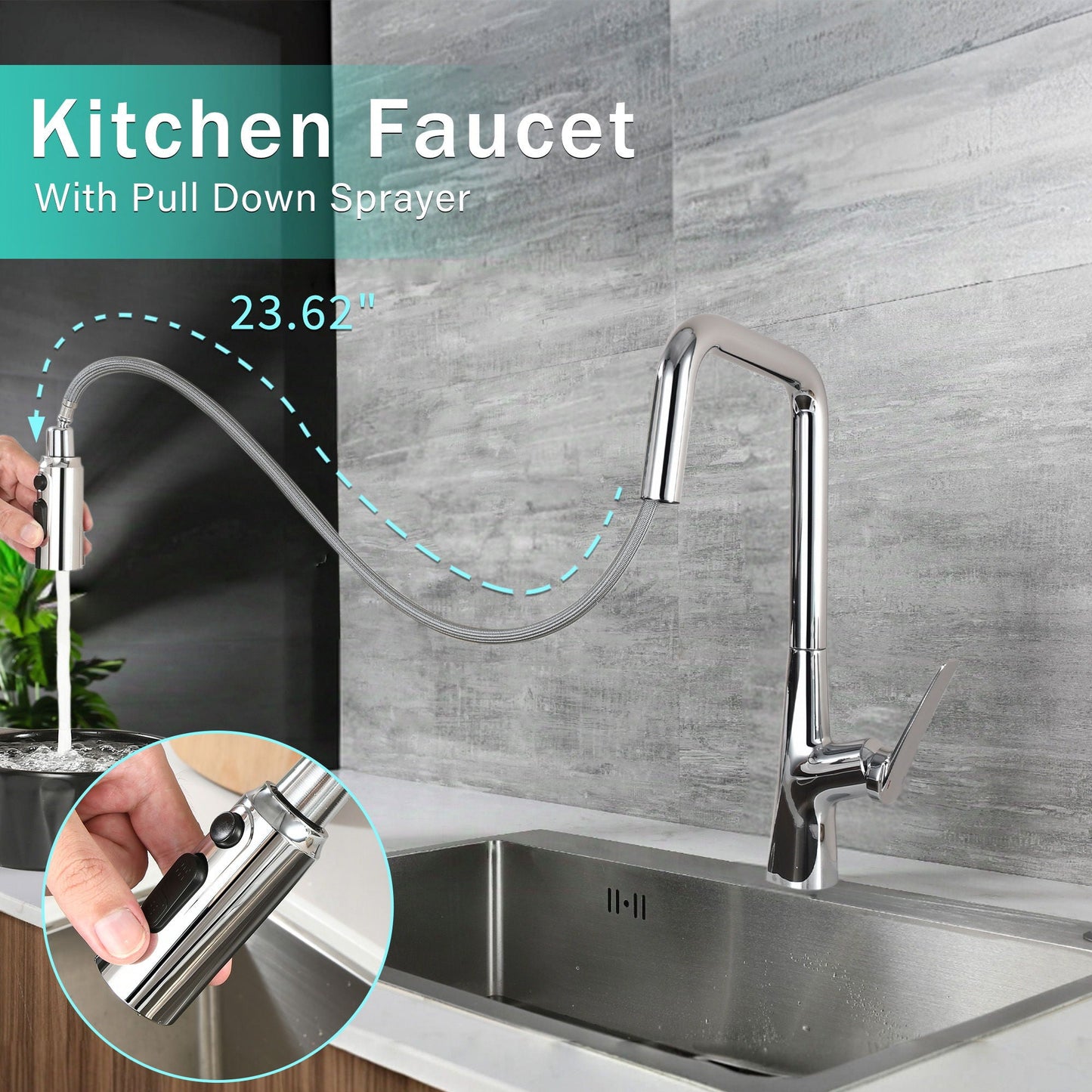HouseOfZazla kitchen faucet with pull-down sprayer and 1-touch switching in stainless on Tampa Home & Garden Store