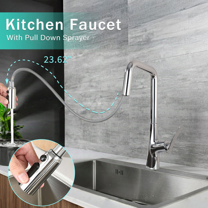 HouseOfZazla kitchen faucet with pull-down sprayer and 1-touch switching in stainless on Tampa Home & Garden Store