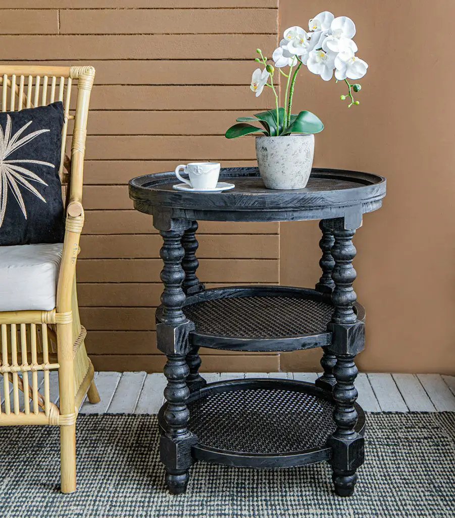 Round 3-tier black wood side table with ornate turned legs Unique Piece Furniture on Tampa Home & Garden Store