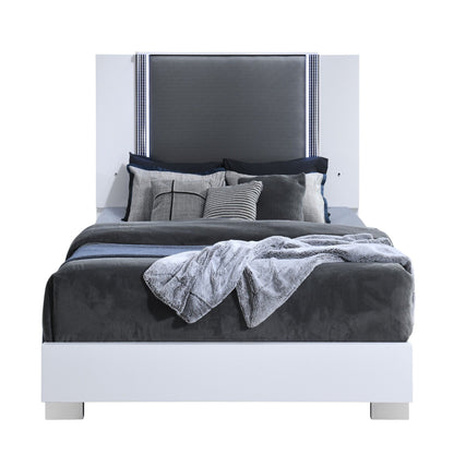 Moon Bed with LED accent lighting, white frame and gray upholstered headboard on Tampa Home & Garden Store