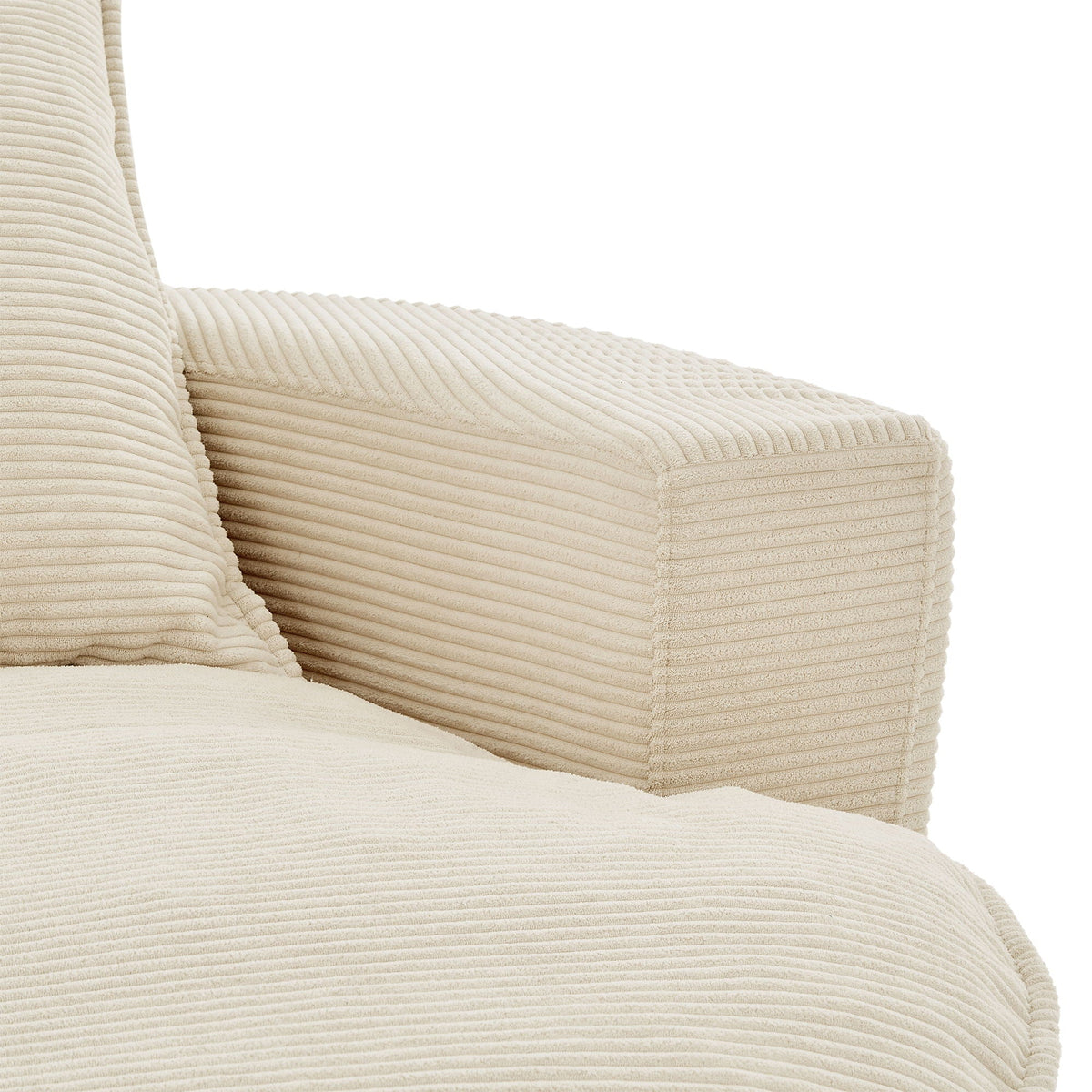 Swivel barrel chair beige corduroy cushions closeup with ribbed texture on Tampa Home & Garden Store