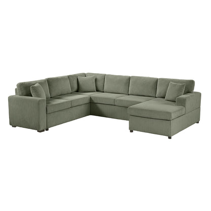 Oversized U-shaped sectional sofa with chaise in green corduroy, HouseOfZazla, three throw pillows on Tampa Home & Garden Store