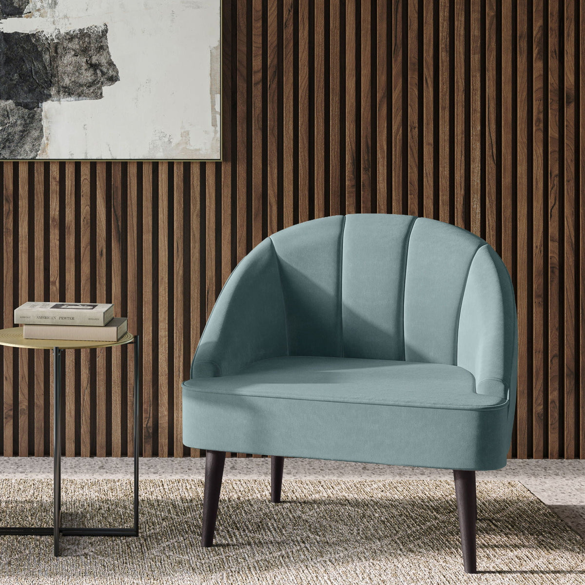 Upholstered accent chair with curved back in teal fabric, dark wood legs by HouseOfZazla on Tampa Home & Garden Store
