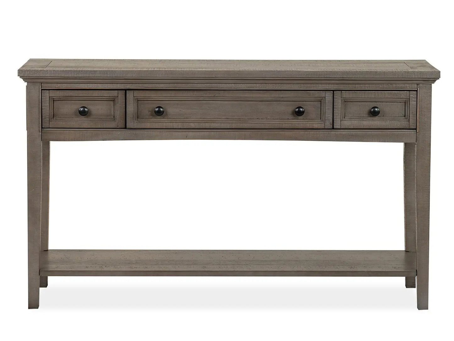 Paxton Place sofa table in dovetail gray with 3 drawers and shelf Unique Piece Furniture on Tampa Home & Garden Store