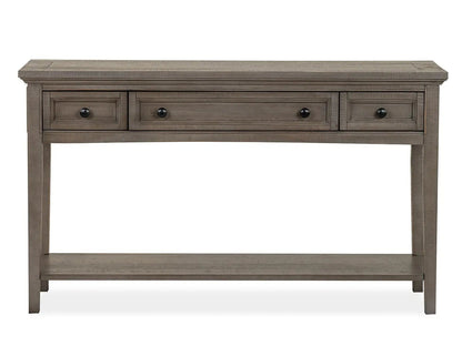 Paxton Place sofa table in dovetail gray with 3 drawers and shelf Unique Piece Furniture on Tampa Home & Garden Store