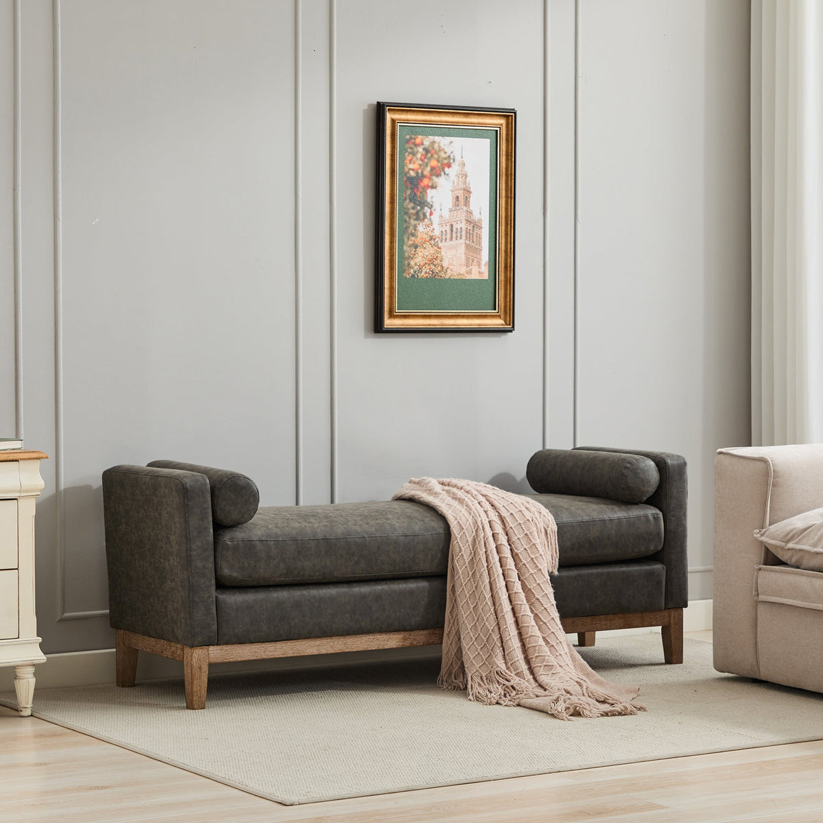 65.5W upholstered end of bed bench with weathered wood legs, gray fabric by HouseOfZazla on Tampa Home & Garden Store