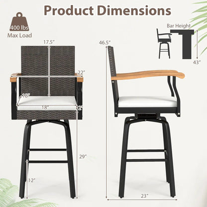 Set of 2 DirectDeals outdoor 360° swivel bar stools with cushions, wicker back, and Acacia wood armrests on Tampa Home & Garden Store
