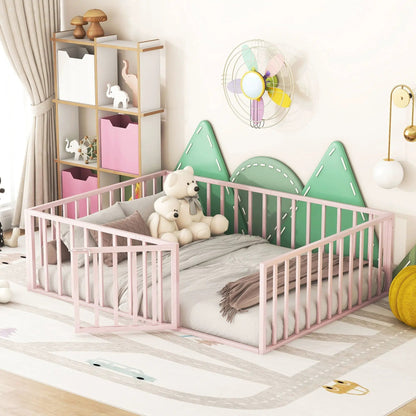 Metal Floor Bed Frame With Fence And Door, pink metal finish, panel bed on Tampa Home & Garden Store