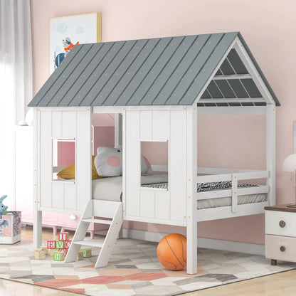 Twin Size Low Loft House Bed with Roof Windows