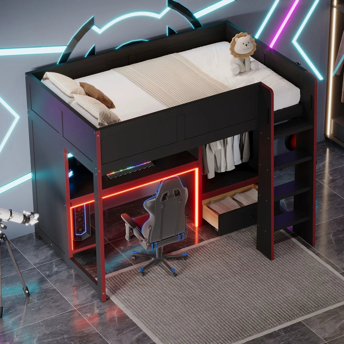 Gaming Loft Bed with Built in Desk and Wardrobe