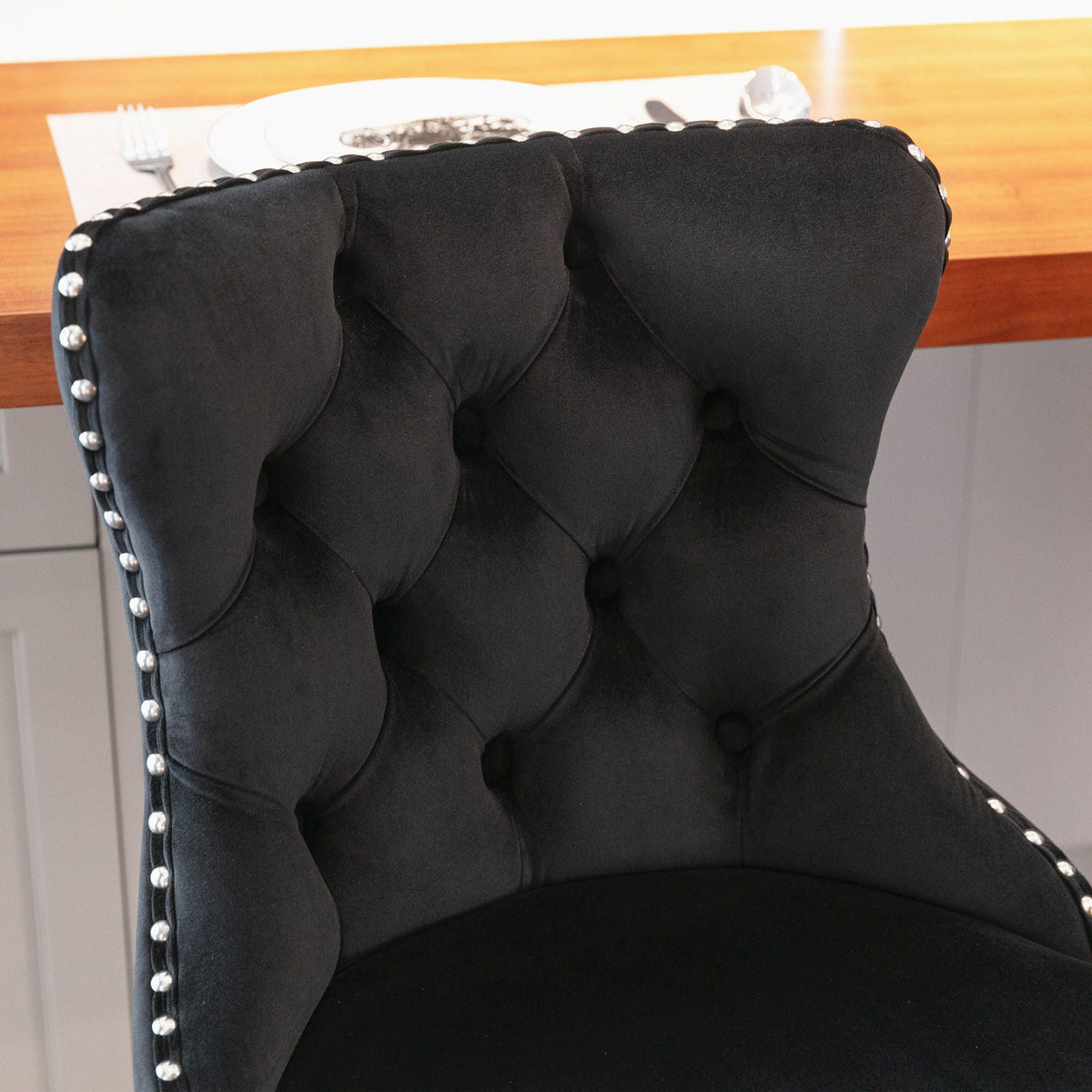 HouseOfZazla swivel barstool set of 2, black tufted upholstery with silver nailhead trim on Tampa Home & Garden Store