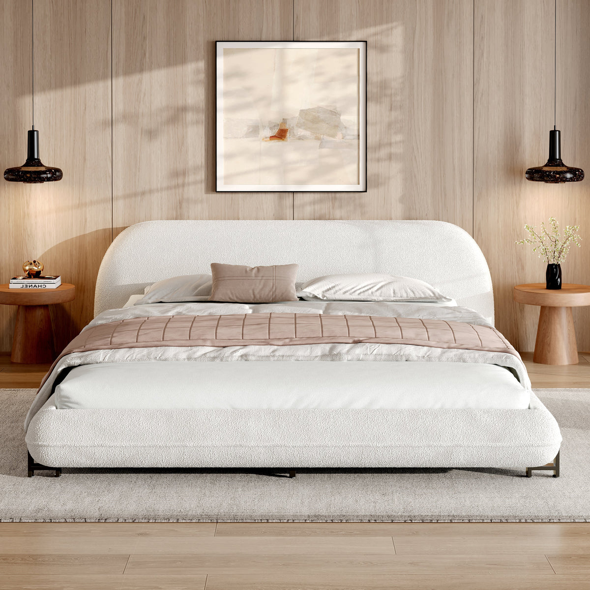 Queen size upholstered bed frame in white boucle fabric with black steel legs on Tampa Home & Garden Store