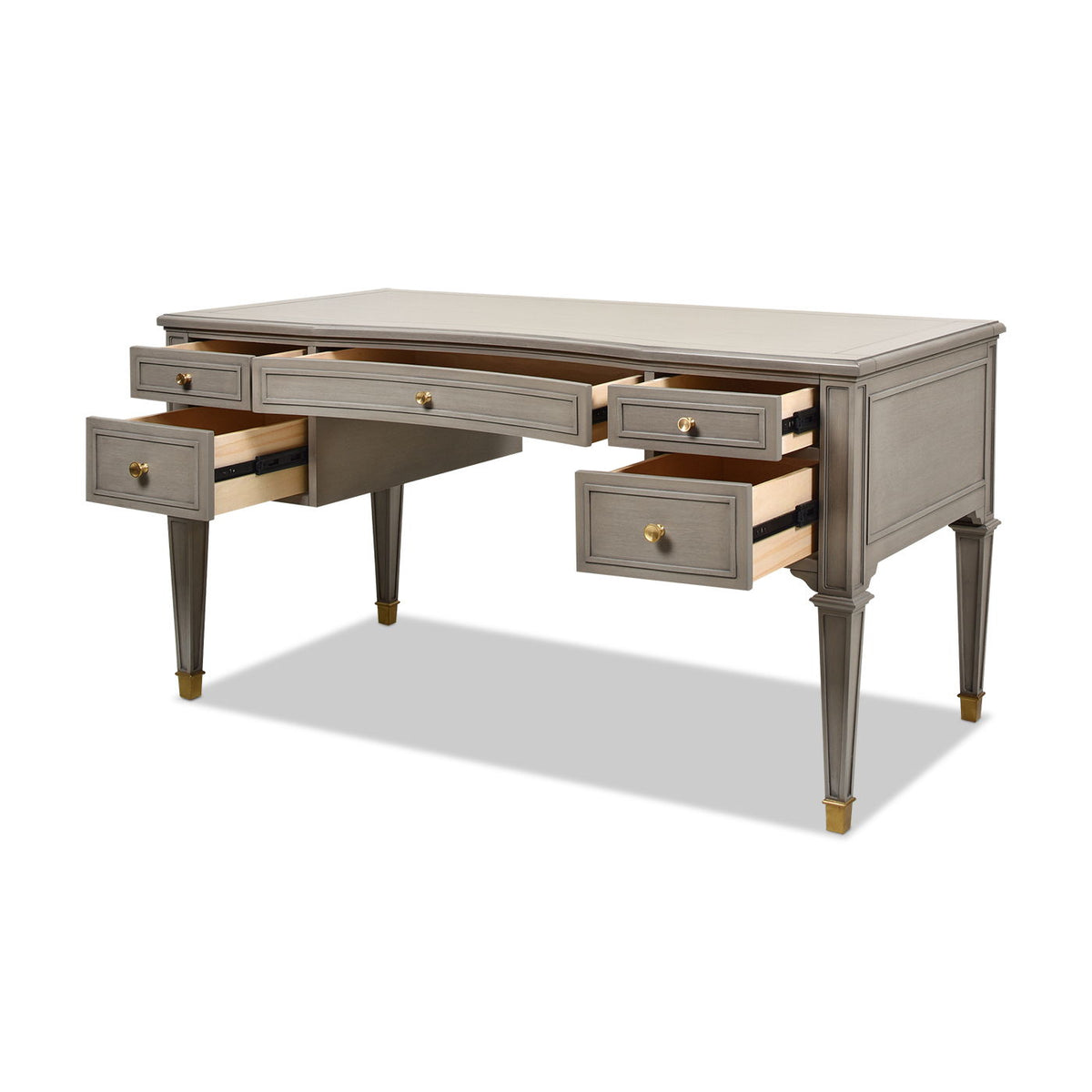 Dauphin 5-Drawer Executive Desk by HouseOfZazla in gray solid rubber hardwood with brass knobs on Tampa Home & Garden Store