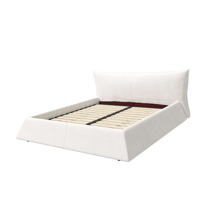 Upholstered Platform Bed by HouseOfZazla with special shaped headboard, white fabric, slatted base on Tampa Home & Garden Store