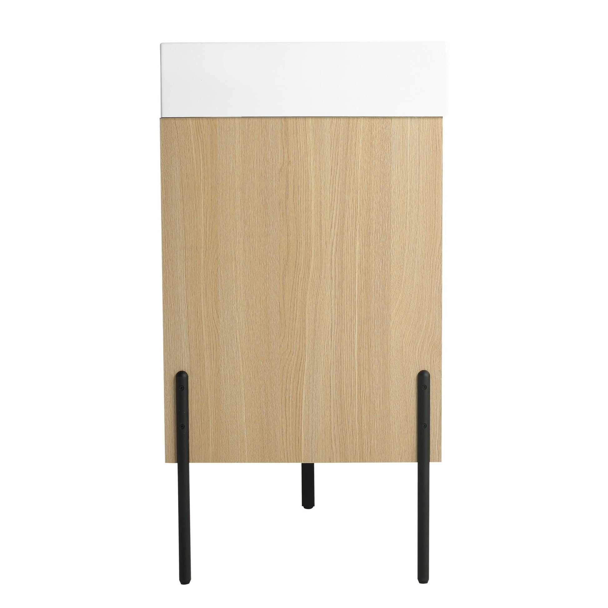 Modern bathroom vanity with white top panel over oak cabinet and black metal legs on Tampa Home & Garden Store