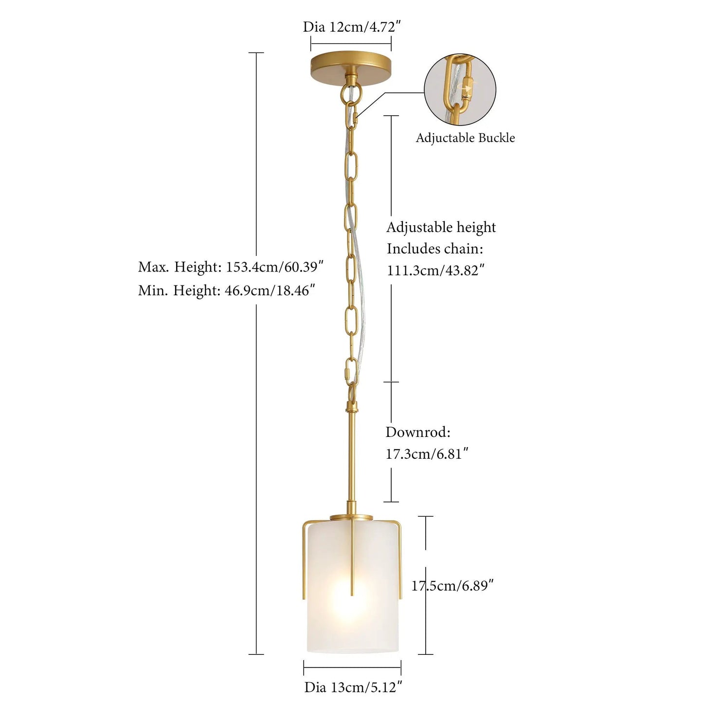 Adjustable Cylindrical Pendant Light in gold metal with chain and glass shade by Unique Piece Furniture on Tampa Home & Garden Store