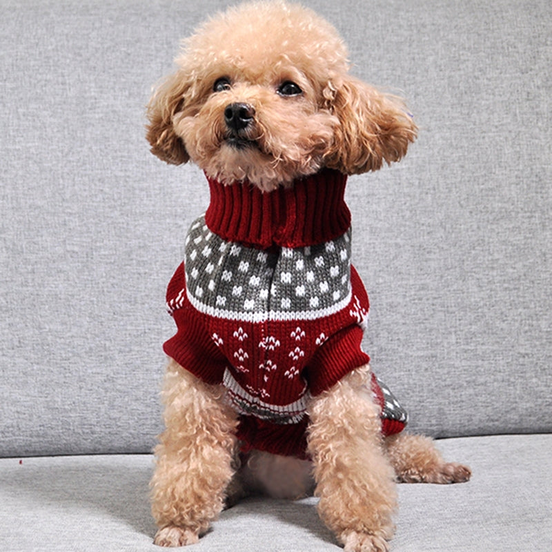 Christmas Maple Snowflake Turtleneck Knitted Dog Sweater in red and gray, Pet Zen on Tampa Home & Garden Store