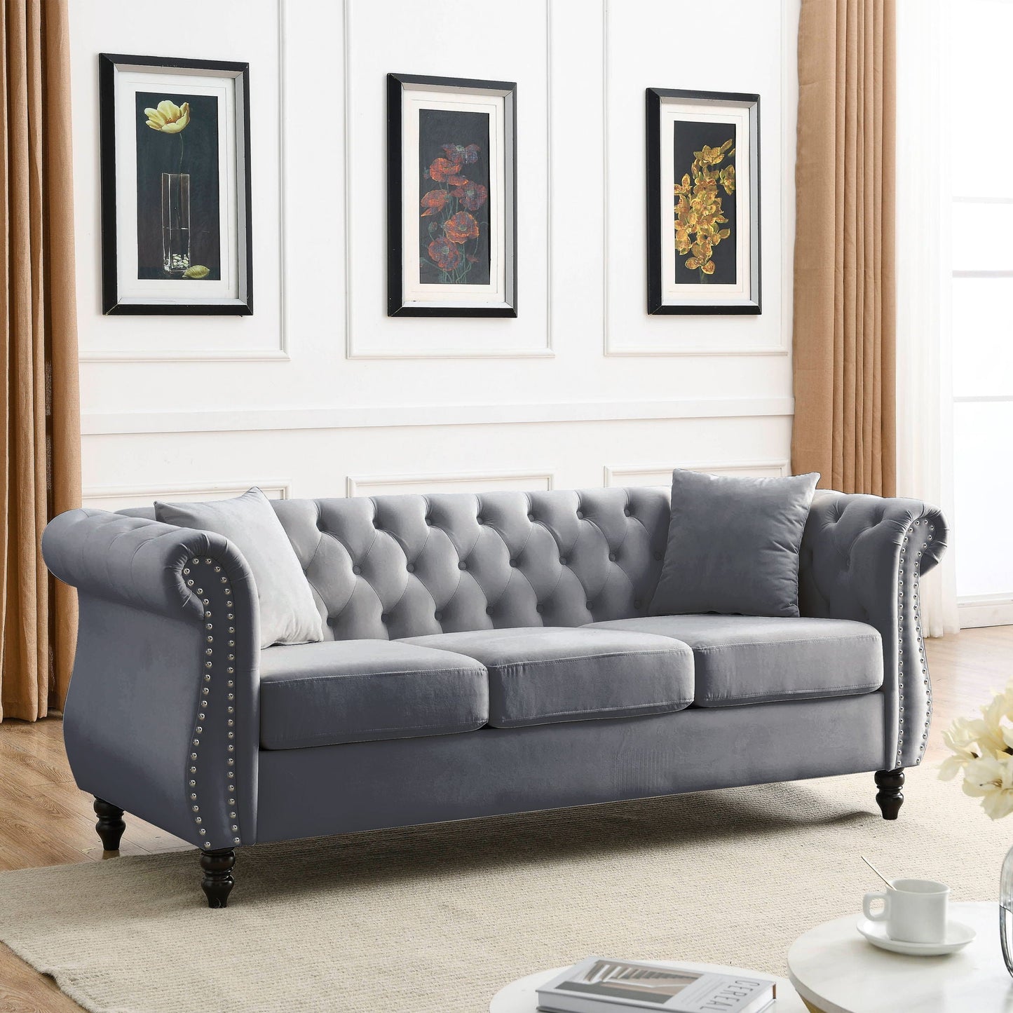 Chesterfield Sofa With Nailhead Trim and Cushions