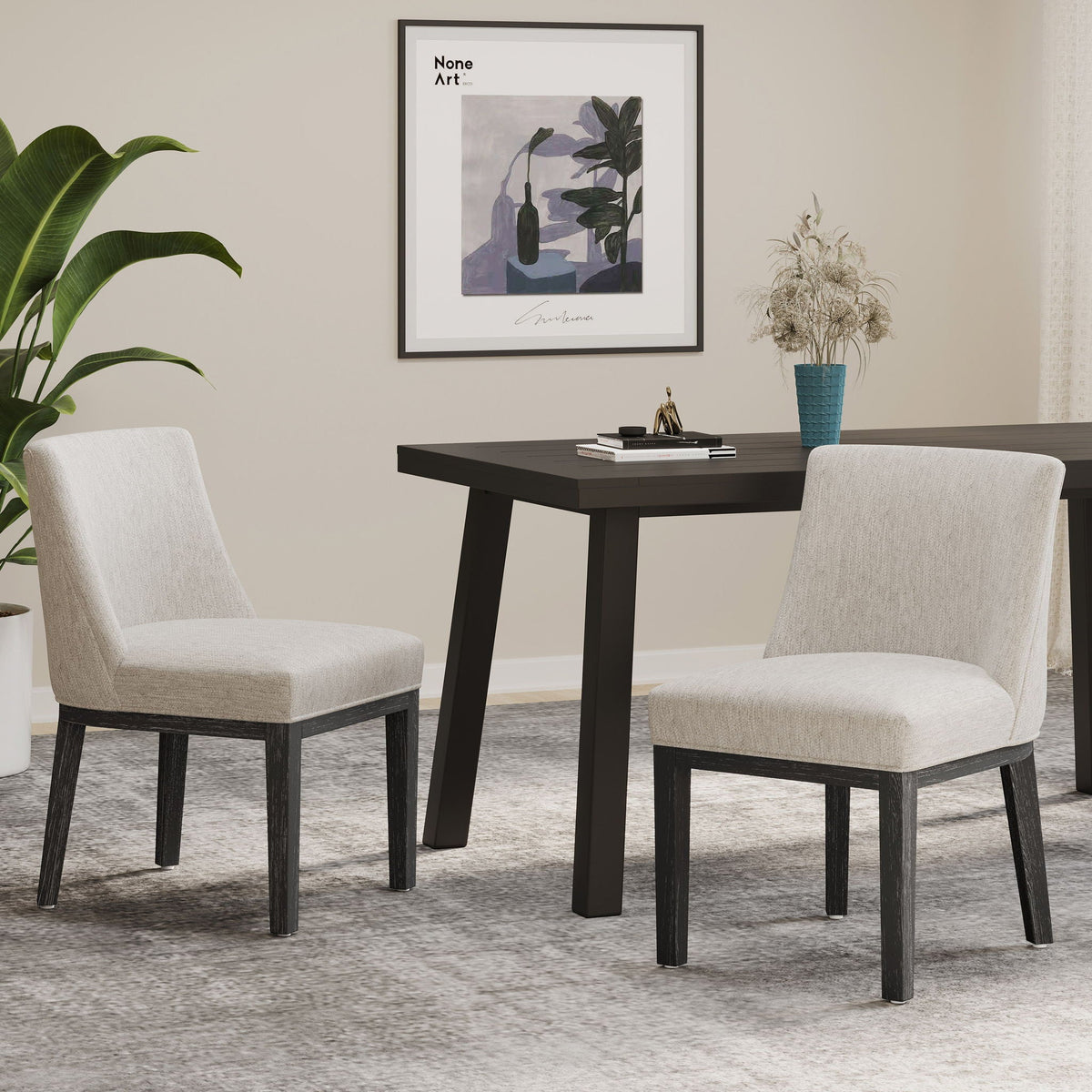 Modern dining chairs set of 2 in beige fabric upholstery with wooden frames around a table on Tampa Home & Garden Store