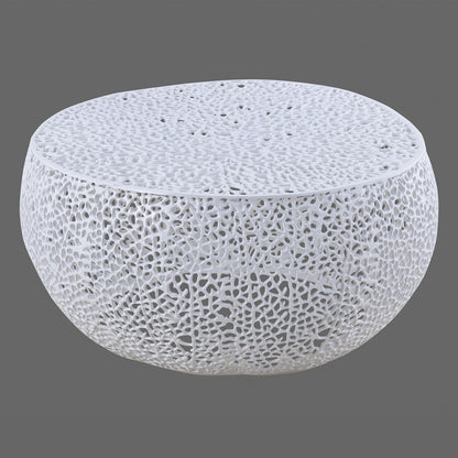 Round white coffee table with aluminum frame and open lattice shell by HouseOfZazla on Tampa Home & Garden Store