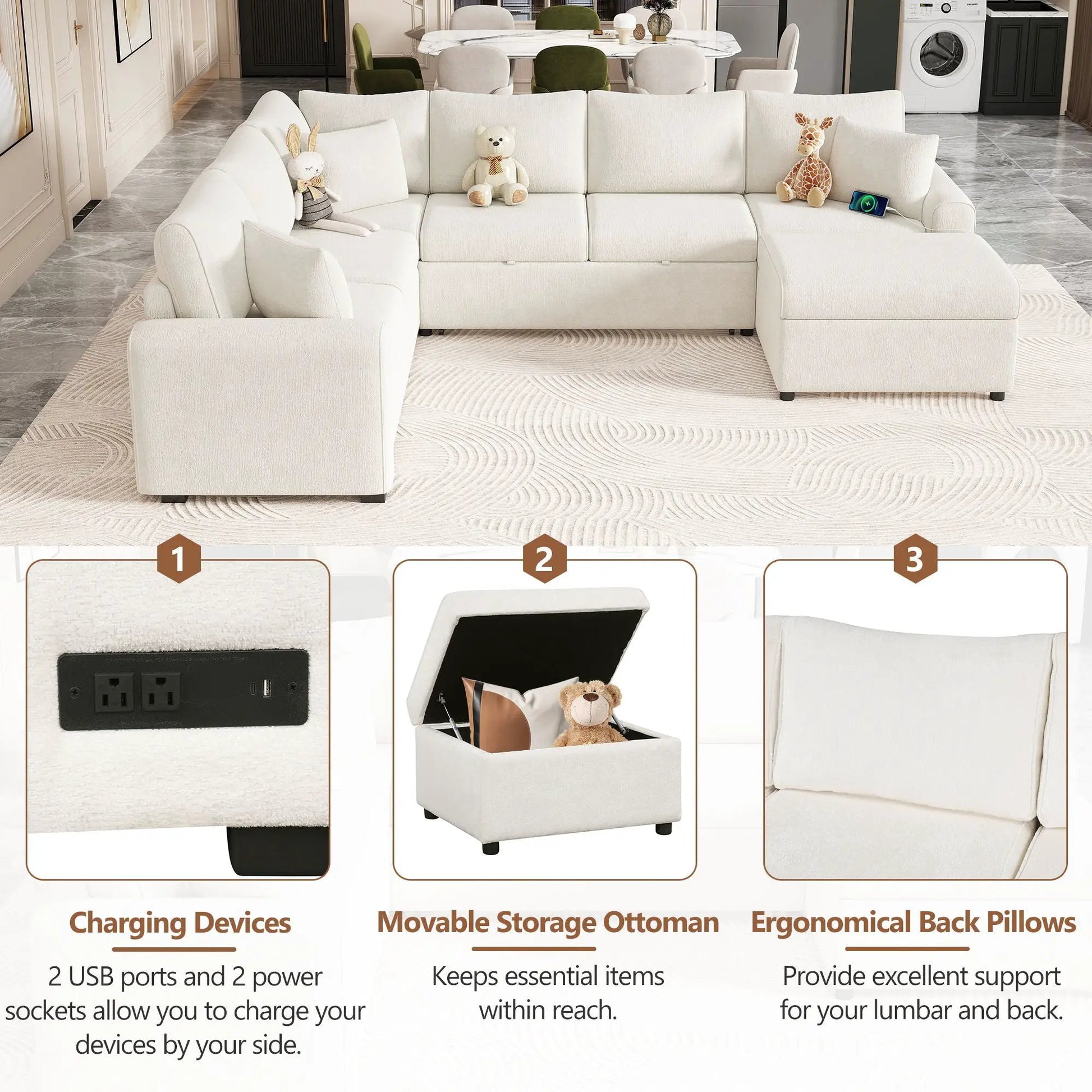 Unique Piece Furniture white sectional sofa with chaise and storage ottoman, three plush animals and a charging device on Tampa Home & Garden Store