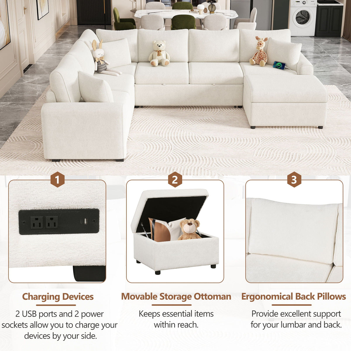 White fabric sleeper sectional with chaise and storage ottoman; includes pillows and plush toys on Tampa Home & Garden Store