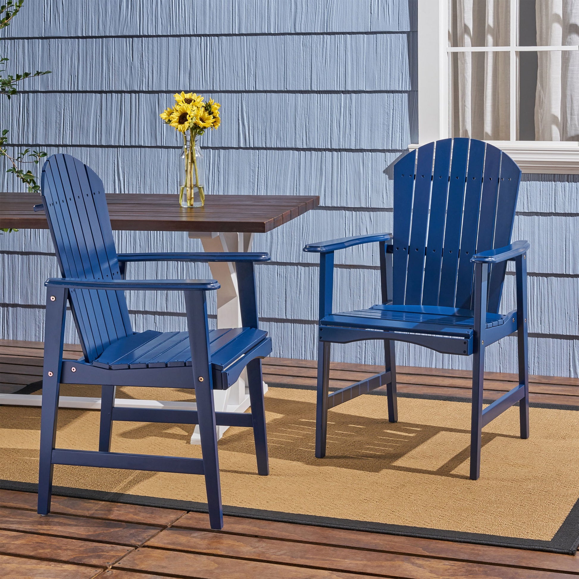Outdoor Weather Resistant Acacia Wood Adirondack Dining Chairs set of 2 in blue on deck on Tampa Home & Garden Store