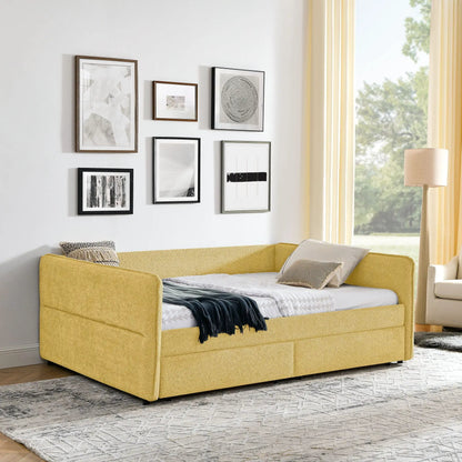 Upholstered yellow daybed with two under-bed storage drawers in a bright living room on Tampa Home & Garden Store