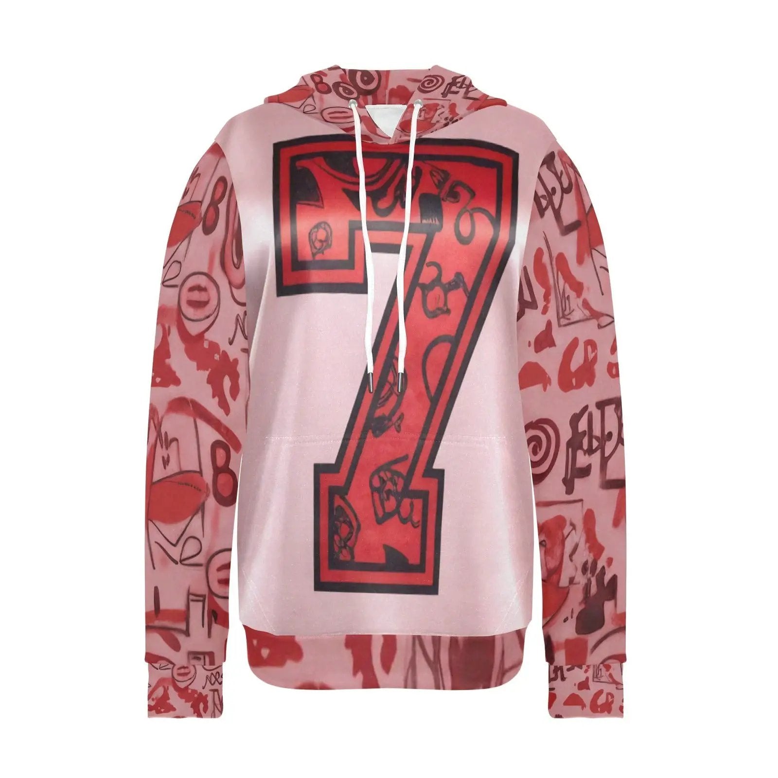 Women's pink graffiti scribble fleece hoodie with bold red 7 graphic and white drawstrings on Tampa Home & Garden Store