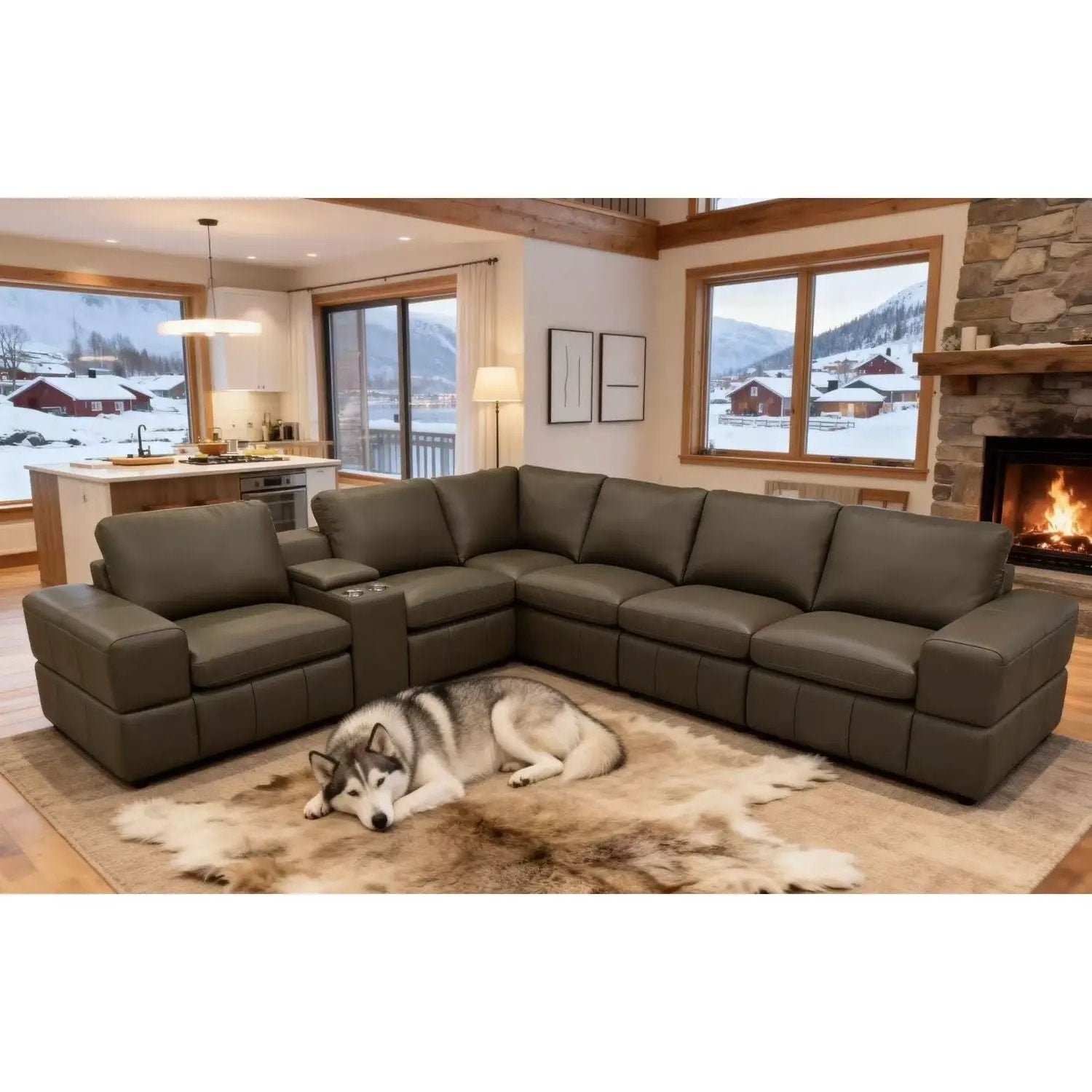 Upholstered Large Arms Sectional With Recliner Seats gray leather by Unique Piece Furniture on Tampa Home & Garden Store