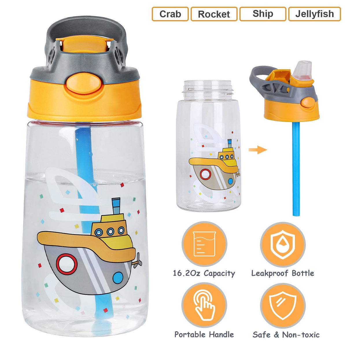GemGear 16.2oz leak-proof kids water bottle with straw and push-button lid rocket design on Tampa Home & Garden Store