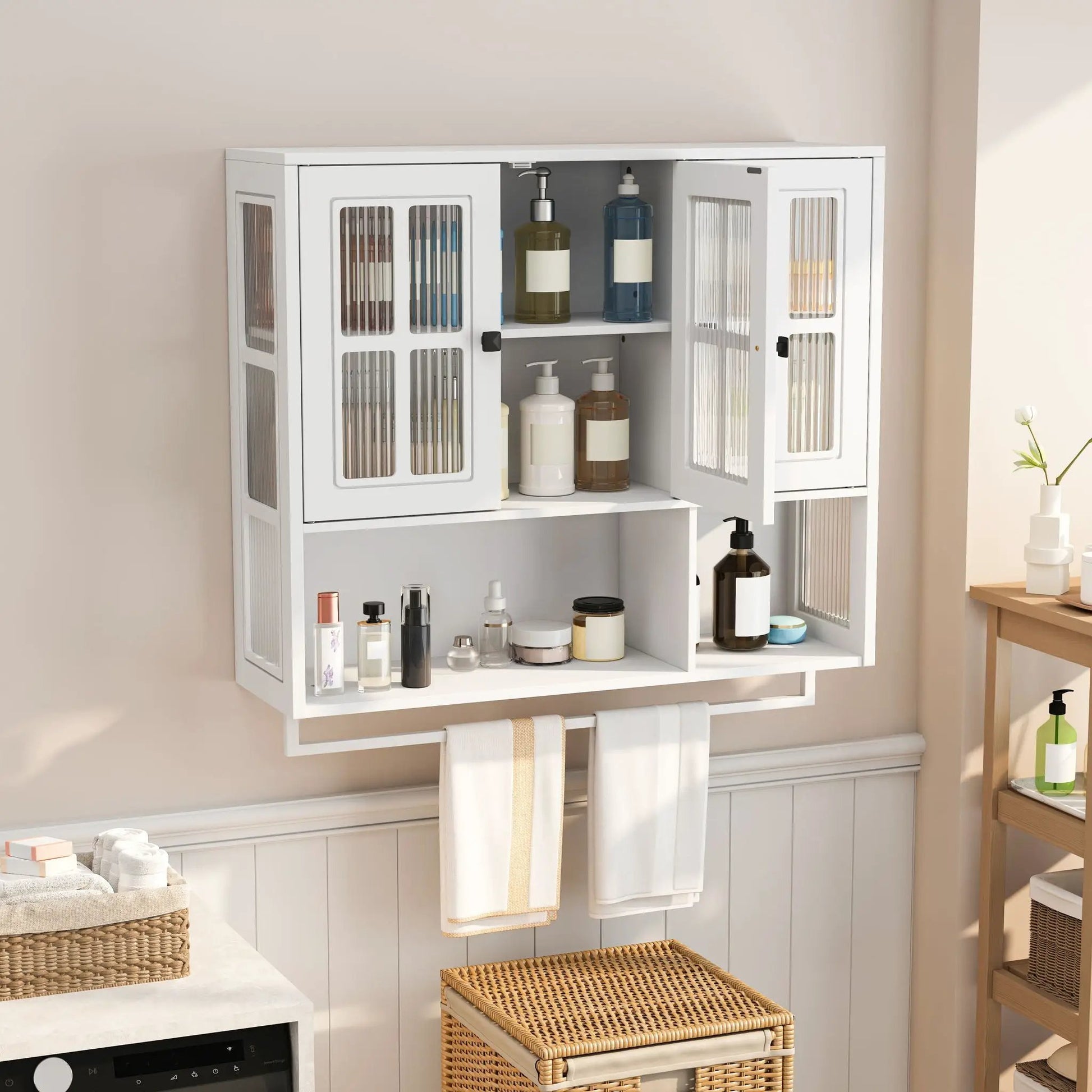 3-Door Wall Cabinet with Glass Doors and Towel Bar, white finish by Unique Piece Furniture on Tampa Home & Garden Store