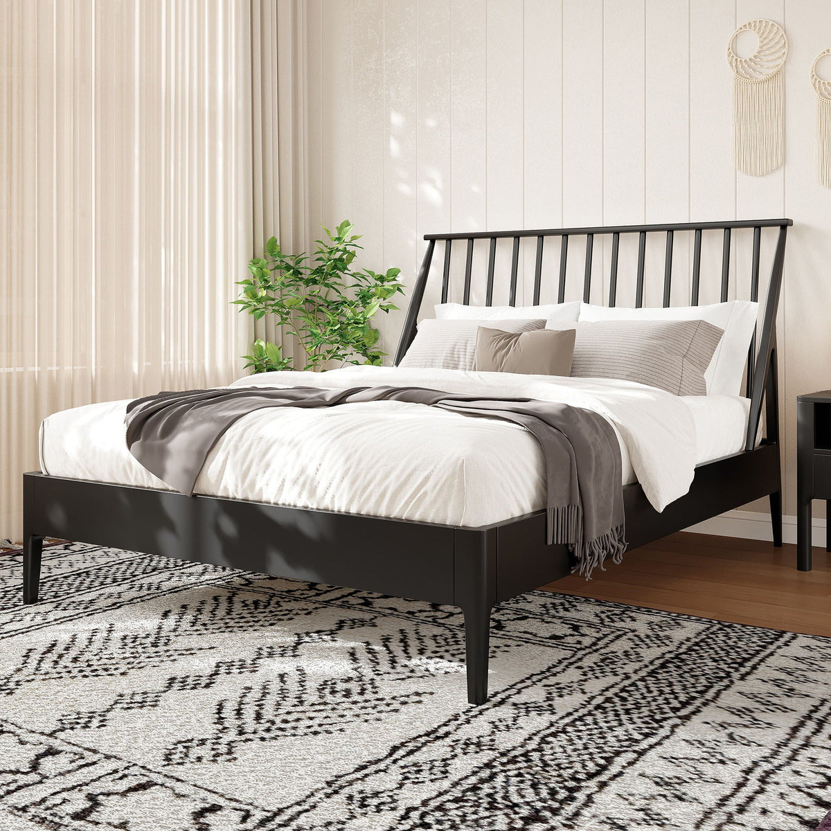 Bohemian Platform Bed With Tall Headboard black metal frame with white bedding HouseOfZazla on Tampa Home & Garden Store