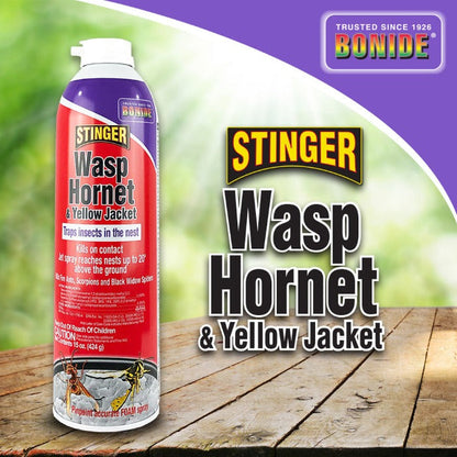 Bonide Stinger Wasp Hornet & Yellow Jacket spray can with red label and purple cap on wooden deck on Tampa Home & Garden Store