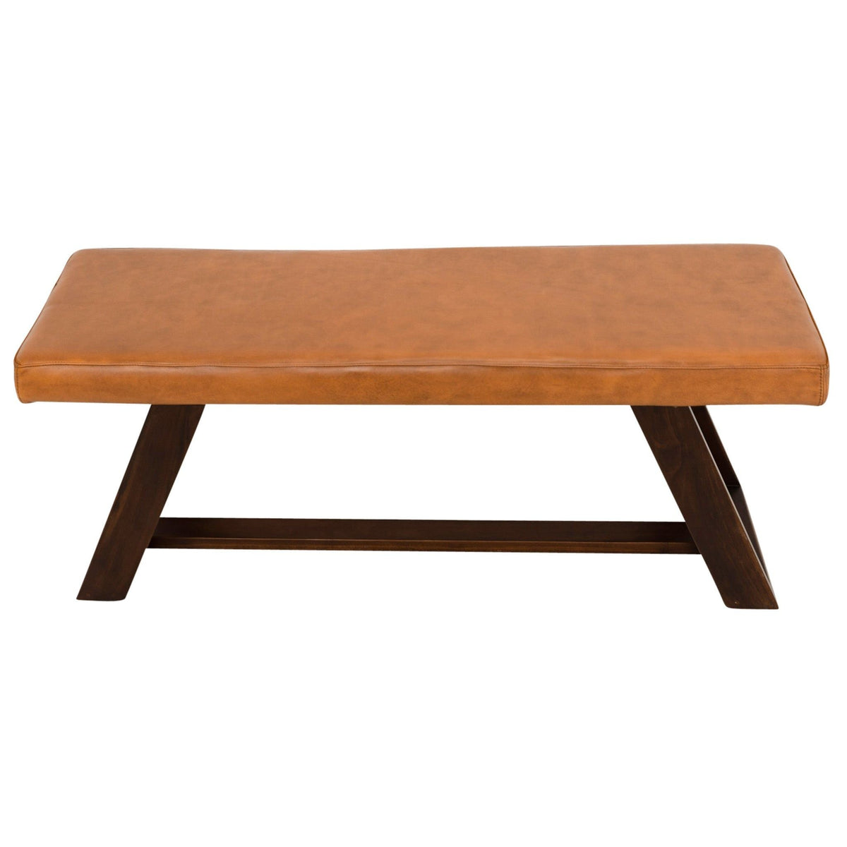Light brown upholstered bench with hand stitching and dark wood legs on Tampa Home & Garden Store