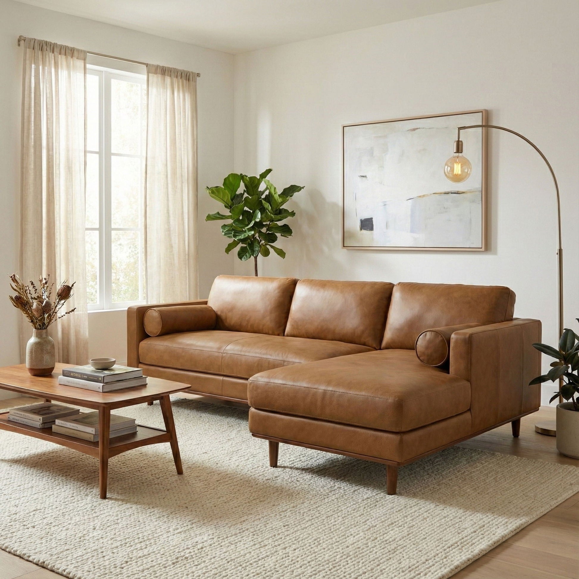 Morrison Upholstered Sectional Sofa by HouseOfZazla in tan leather with legs and chaise on Tampa Home & Garden Store