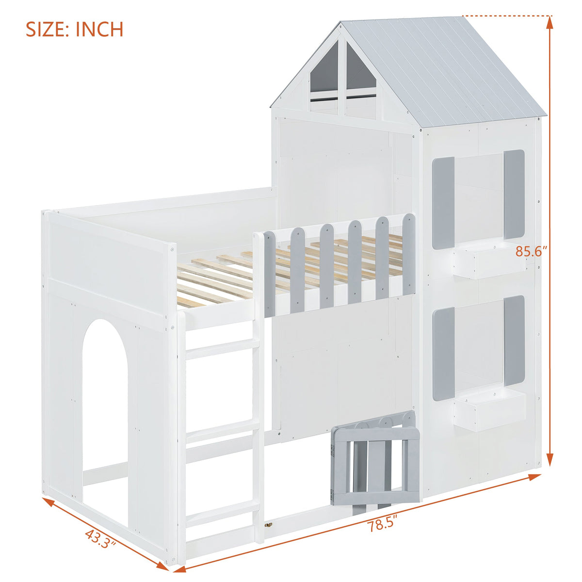 Twin Over Twin House Bunk Bed by HouseOfZazla, white wood frame with gray roof accents on Tampa Home & Garden Store