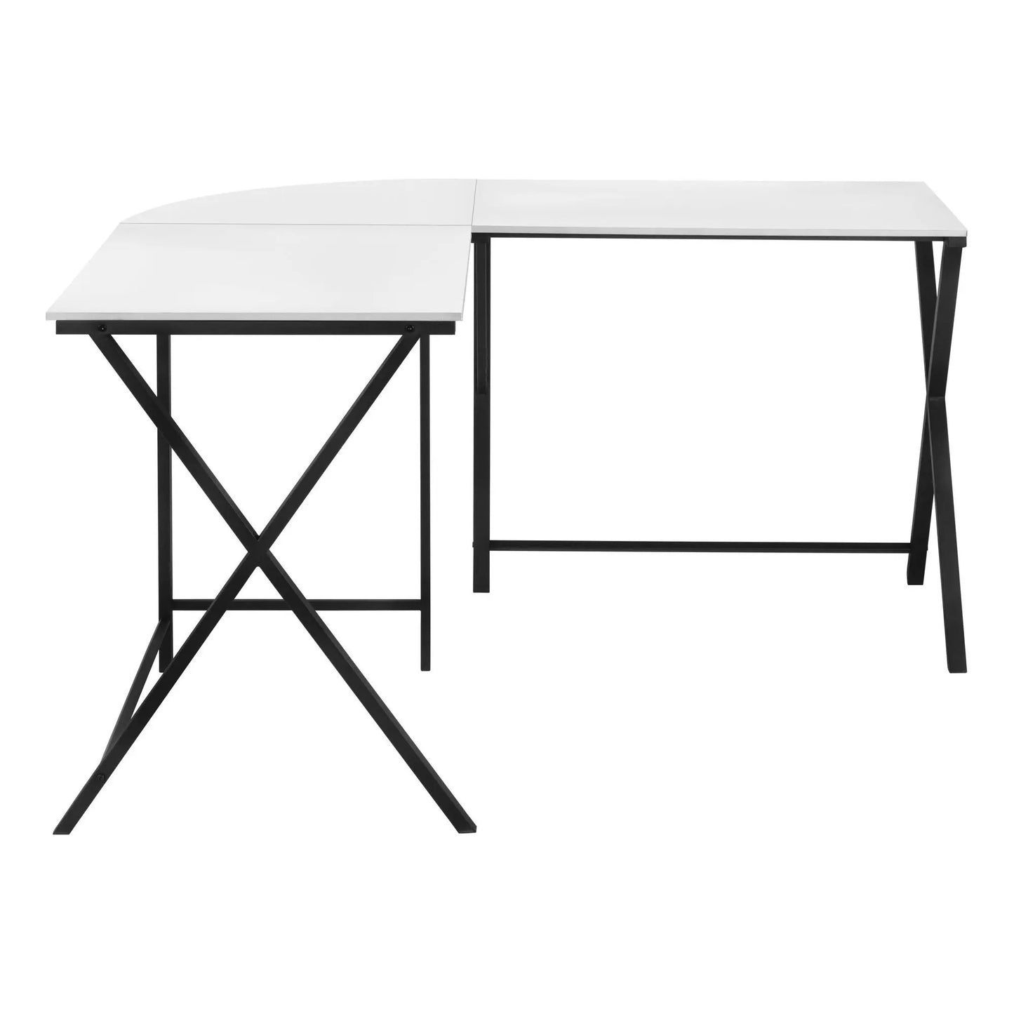 White L-shaped corner computer desk with black metal frame and cross-brace legs on Tampa Home & Garden Store