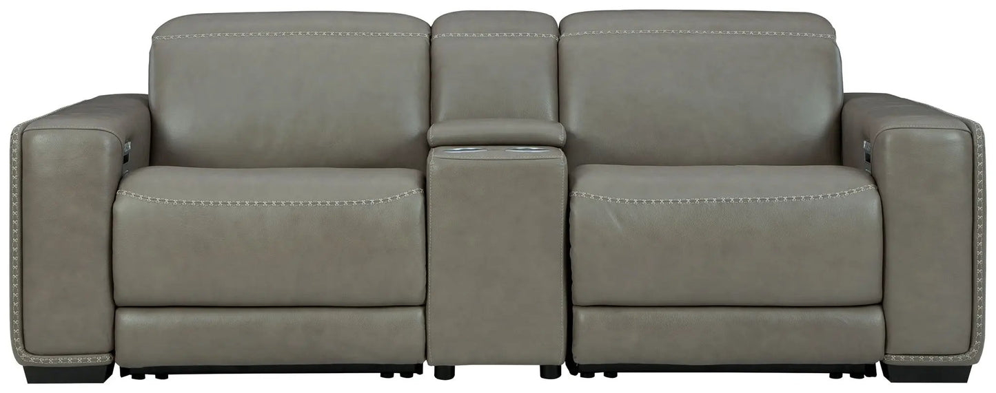 Correze power reclining sectional in taupe gray leather with center console cupholders on Tampa Home & Garden Store