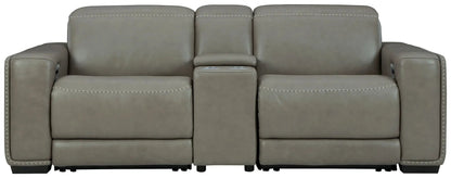 Correze power reclining sectional in taupe gray leather with center console cupholders on Tampa Home & Garden Store